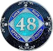 Simply Minimal (Years 1-50) NA 48 Year Crystals and Glitter Medallion, Silver Color Plated Coin, Black Rainbow, Blue Glitter and Four Clear Crystals, Epoxy Covered (NA 48 Years Clean Time), Small