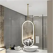 Ceiling Hanging Rod Mirror,Oval Decorative Mirror,Three-Color Adjustable Luminous Vanity Mirror,for Home Hotel Bathroom Apartment(Gold,50x100cm)