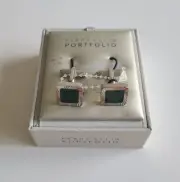Perry Ellis Cufflinks Men's Green Silver Square Diagonal Grid French Cuff Shirt