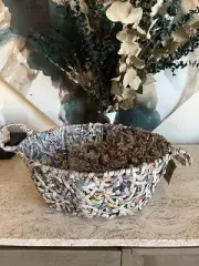 Trader Joes Basket Recycled Newspaper Hand Woven Boho 16x12x5.5 NWT Up To 16lbs.