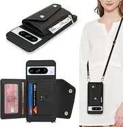 Lipvina for Google Pixel 8 Pro Case with Card Holder and Strap - Zipper Pocket,Crossbody Lanyard Strap,Credit Card Holder,Stand Ring,Cute Phone Wallet Case for Women(Black)