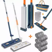 Mop and Foldable Bucket Set Microfiber Mop Hands-Free Flat Floor Mop w/7 Cloths~