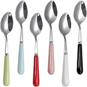 Goeielewe Set of 6 Grapefruit Spoons with Round Serrated Edges, Stainless Steel Serrated Spoon with Multicolor Ceramic Handle, Kiwi Apple Citrus Fruit, Dessert Spoon Sets (Silver)