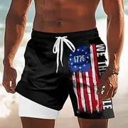 Independence Day Men's US Flag Patriotic Fourth of July Lined Shorts 2 in 1 Board Shorts Swim Shorts Mid Waist Holiday Side Pockets With Compression Liner Elas