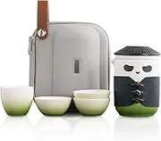 TUCHACA Travel Tea Set, kung fu Panda Tea Cup with Portable Bag, 13oz Ceramic Chinese Teapot with 4 Ceramic Teacups, With Tea Strainer. Use for Home Office & Tea lover. (Green)