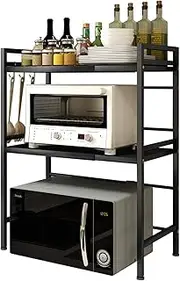 Microwave Shelf Microwave Stand, Wuciray Expandable Microwave Oven Rack with Adjustable Width & Height, Over Microwave Storage Corner Shelf with 3 Hooks, Kitchen Storage & Organisation (Black 2-Tier)
