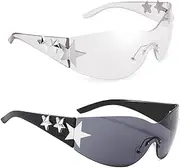 [WantsGin] 2-Pack Star Y2K Rimless Futuristic Wrap Around Glasses for Party Women Men, Trendy Cyberpunk Visor Glasses Monoblock Cyclops Shades (Black+Clear)