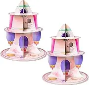 ANGOLIO 2Pcs Watercolour Outer Space Cupcake Stand 3 Tier Outer Space Cardboard Cupcake Stand Birthday Party Decorations Solar System Theme Dessert Tower Display for Kids Baby Shower Birthday Supplies