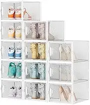 Shoe Boxes Stackable, Large 12 Pack Shoe Storage Box Clear White Plastic Organizers, Space Saving Foldable Shoe Rack for Closet, Sneakers