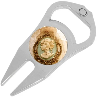Teal Gold Cameo Golf Ball Marker Divot Repair Tool Bottle Opener