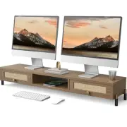 Fenge Dual Monitor Stand with Storage, Long Wooden Monitor Riser for Desk wit...