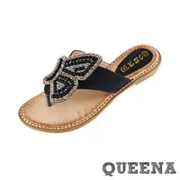 在飛比找momo購物網優惠-【QUEENA】坡跟拖鞋 夾腳拖鞋/波西米亞民族風水鑽珍珠蝴