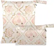 [Amooorous] Rosette Pattern Peach Gold Floral waterproof bag for travel 2 Pack wet bag for swimsuit with handles for pool, beach