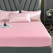 Washed Silk Fitted Sheet Non-Slip Fixed Summer Bedspread with Pillowcase dust Cover Mattress Cover-Pink_Pillowcase:_48*74cm*2(2pcs)
