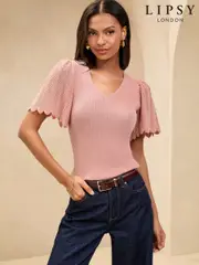 Lipsy Pink Knitted Sparkle Metallic V-Neck Flute Sleeve Top (AU2547) | $83