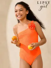 Lipsy Orange One Shoulder Textured Corsage Bikini (5-16yrs) (AL0729) | $39 - $58