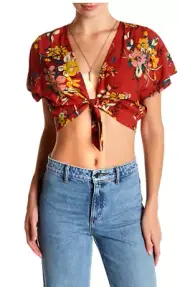 Abound NEW Womens Size XLarge Floral Tie Front Shirt Deep V Neck Crop Boho Top