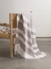 [Brunello Cucinelli] Brunello Cucinelli - Fringed Striped Linen-blend Blanket - Light brown - One size One size Brown