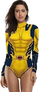 [Shukqueen] Women Long Sleeve Swimsuit One Piece Bathing Suit Super Hero Wolverin Print Yellow Swimwear