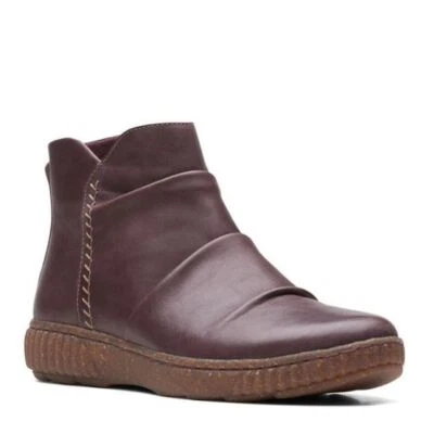 Clarks Caroline Rae D Fit Ladies Ruched Burgundy Leather Zip Up Ankle Boots