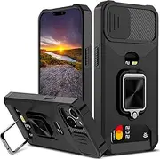 for iPhone 14 Case& iPhone 13 Case with Card Holder,rojarou Apple iPhone 13 Case with [Slide Camera Cover] 360° Rotate Ring Kickstand Heavy Duty Protective Phone Case for iPhone 14/iPhone 13,Black