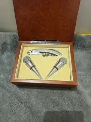 Vintage 1990s Wine Bottle Opener and Stopper Set Wooden Case Wet Bar Display(A86