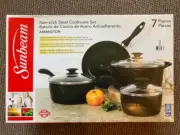 NIB Sunbeam Armington 7 pc non stick cookware set pot pan fry skillet glass lid