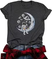 [WIPXITK] Space Shirts for Women NASA Shirt Moon Graphic Tees Astronaut Print T Shirt Space Fan Gift Shirt Short Sleeve Tee Tops