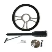 30" Black Manual Column No Key&14" Trinity Steering Wheel & Flame Horn Button
