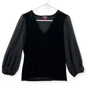 Vince Camuto Velvet Blouse Womens Large Confetti Ready Sheer Sleeve Black NWT