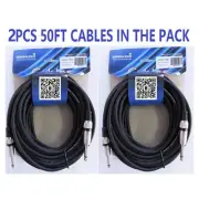 2Pcs 50ft 6.35mm 1/4" to 1/4" Mono Male Cables Cord Instrument DJ Speaker Cable
