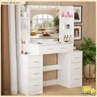 Large White Dressing Table With 7 Drawers & 11 LED Bulbs Mirror & 8 open shelves