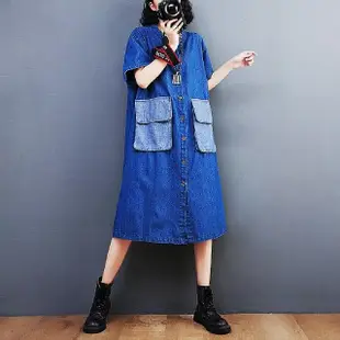 【巴黎精品】連身裙短袖洋裝(復古拼接牛仔連身女裙子a1bn3)