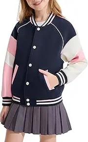 [Rolanko] Girls Varsity Jackets Baseball Bomber Color Block Letterman Jacket Outwear With Pockets 7-15 Years