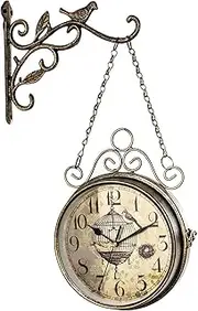 Hanging Double Sided Wall Clock, Wall Mounted Outdoor Garden Clocks, Vintage Industrial Train Station Clock with Stand Suitable for Home Garden Kitchen Living Room