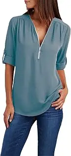 [Suhorseful] Womens Half Zip Up Shirts Chiffon Casual Long Sleeve Solid Color Blouses Office Work Golf Polo Tshirt, Light Blue, Medium
