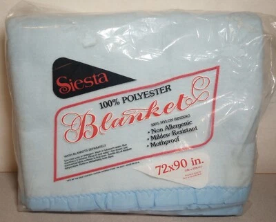 Vintage Siesta Blanket Satin Trim Blue Double 100% Polyester 72x90 Brand New