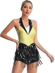 [FEESHOW] Women Latin Dance Dress with Tassels Gloves Set Glitter Sleeveless Dance Body Fringes Leotard Ballroom Dancewear