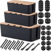 3 PCS Cable Management Box with Bamboo Lid, for TV, Computer, Router, USB Hub and Under Desk Power Strip, Safe ABS Material and Baby-Pets Proof Lock, with 10 Cable Ties & 16 Multi-Hole Hubs (Black)