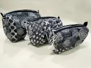 Indian Black Patchwork Quilted Toiletry Bag Unisex Cotton Makeup Bags 3 Pcs Sets