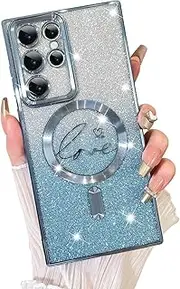 ELEPIK for Galaxy S23 Ultra Case with Camera Protector, [Full Camera Cover Protection] [Compatible with MagSafe] [Love Heart Plating] [Glitter Bling Plating] Clear Magnetic Slim Phone Case, Blue