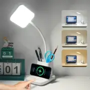 LED Desk Lamp with Wireless Charger, White Desk Light with Pen Holder, 3 Colo...