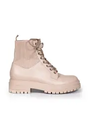 Beige Leather Combat Ankle Boots
