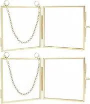 BETIMFAN 2Pcs Metal Glass Square Hanging Mini Photo Frames Double Sided Picture Frames with Chain Easy Cleaning Pressed Flowers Display Frames for Home Wall Decor(2,Golden)
