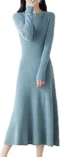 [Haitpant] Women's 100% Merino Wool Dress, Autumn Winter A-Line Long Striped Round Neck Pullover Dresses