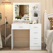 Dressing Table with Mirror and Lights,Small Makeup Vanity Desk with 10 Light Bulbs, Drawers & Shelves-Vanity Table for Bedroom