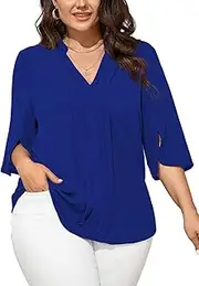 [SCOMCHIC] Women's Plus Size Blouses 3/4 Sleeve Dressy Tunic Tops Casual Loose V Neck Pleated Shirts
