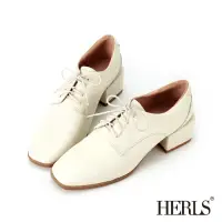在飛比找momo購物網優惠-【HERLS】牛津鞋-全真皮方頭素面粗跟德比鞋牛津鞋(米白色