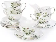 Tea Cup and Saucer Set, Porcelain Ivory Floral Coffee Cups with Saucers and Spoo