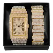Men's Watch Square Round Luxury Chandelier Hip Hop Full Iced & Bracelet Gift Set